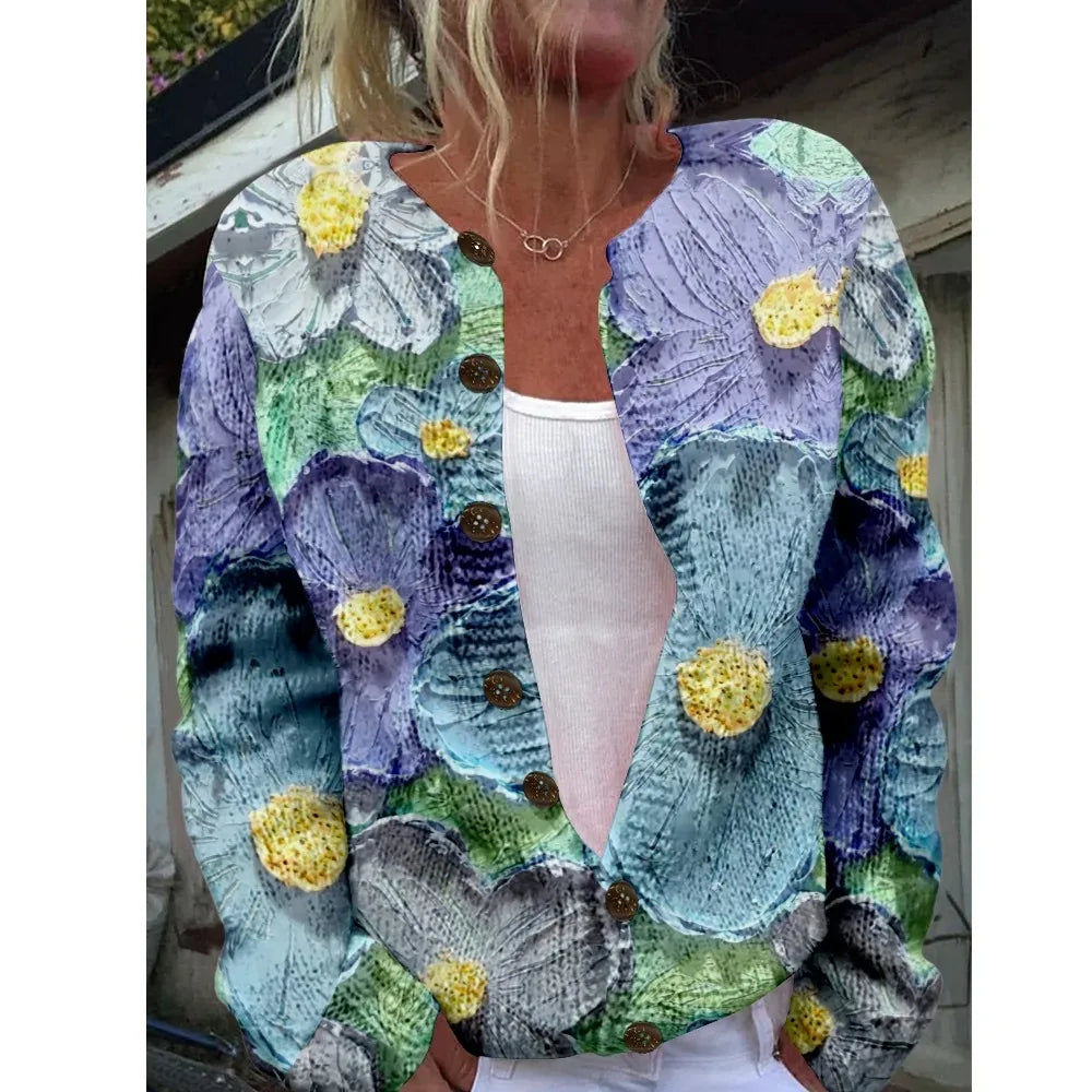 Women’s 3D Print Knitted Cardigan - Autumn Winter Vintage Thin Sweater Casual Fashion Knit Top