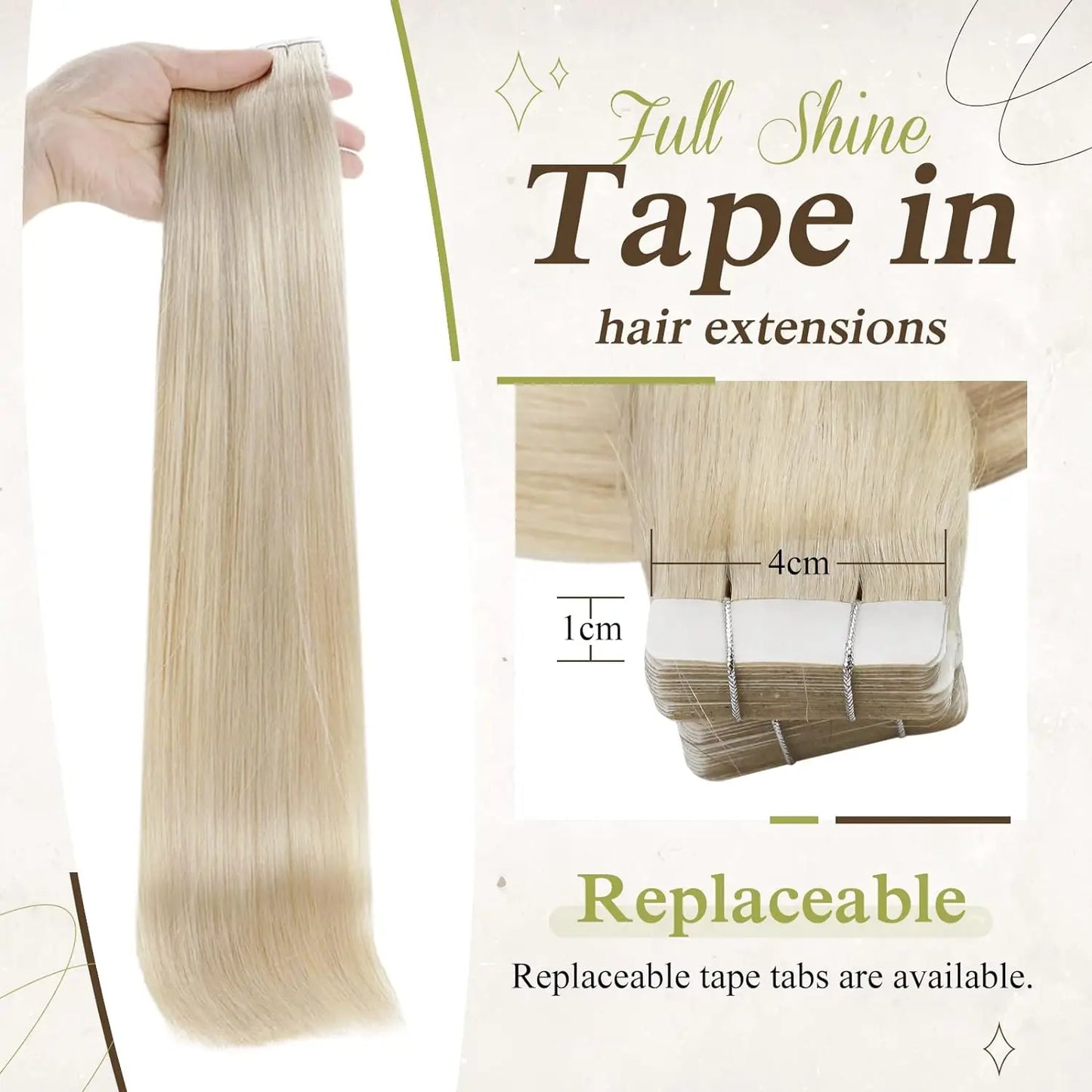 Full Shine Blonde Tape-In Hair Extensions – 100% Remy Human Hair, Double-Sided, Straight, Silky & Comfortable for Women