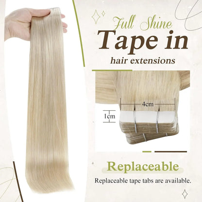 Full Shine Blonde Tape-In Hair Extensions – 100% Remy Human Hair, Double-Sided, Straight, Silky & Comfortable for Women