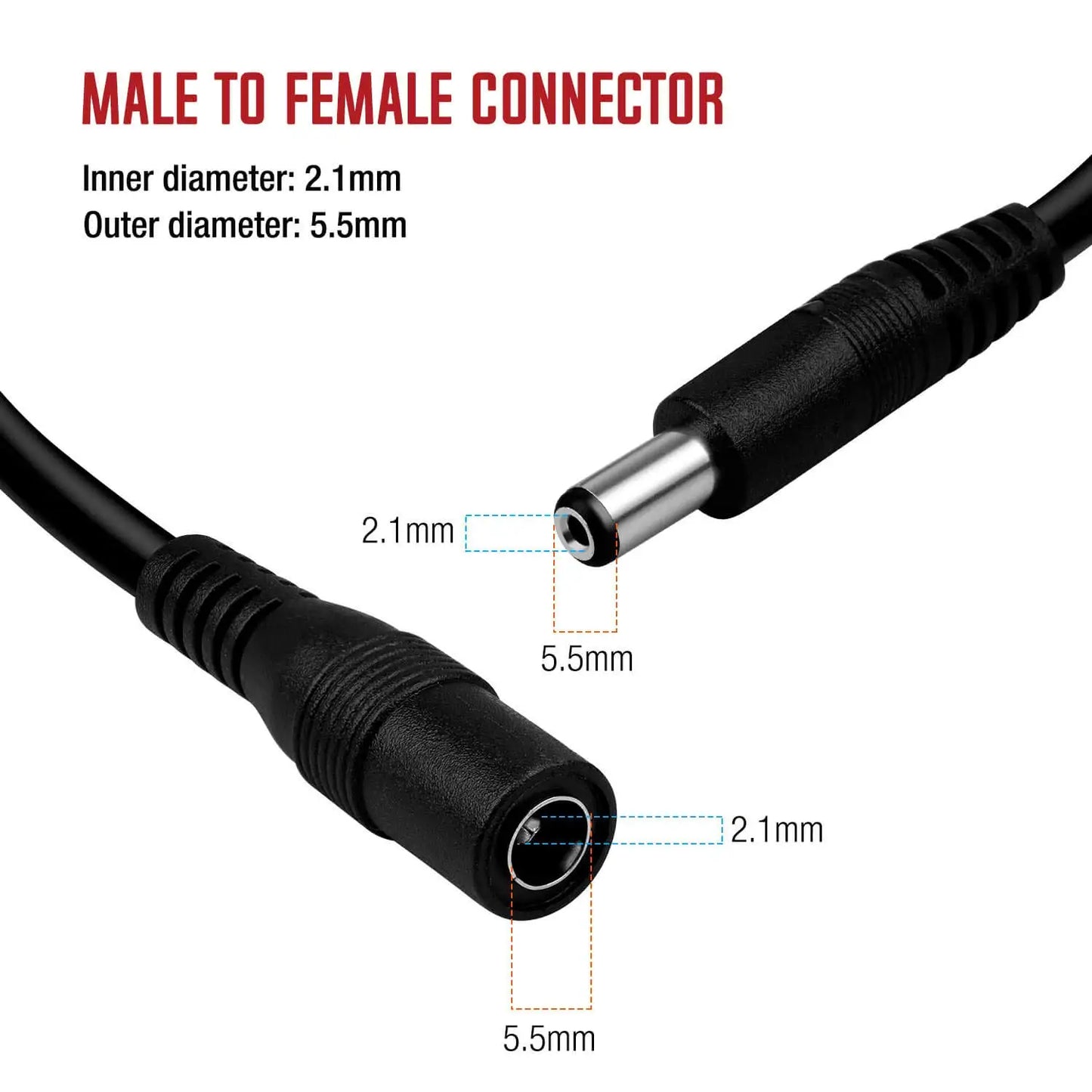 DC Power Extension Cable - 5.5x2.1mm Female to Male Connector Cord for LED Lights, CCTV & Power Adapter Devices