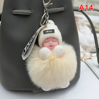 Cute Pompom Sleeping Baby Keychain - Fluffy Plush Doll Bag Charm, Key Ring & Gift for Women and Girls