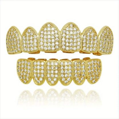 HipHop CZ Teeth Set – Unisex Gold & Silver Top/Bottom Mouth Caps, Removable Dental Fashion Jewelry
