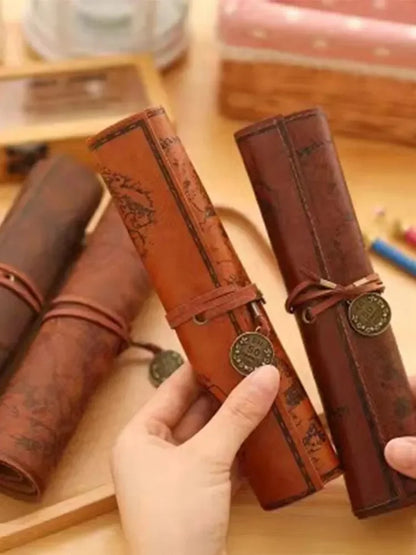 Creative Treasure Map Leather Pencil Case – Large Capacity Roll-Up Pencil Bag with Embossed Buckle, Retro Stationery Organizer