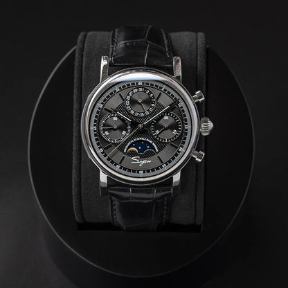 Sugess ST1908 Mechanical Chronograph Watch for Men – Swan Neck Movement, Moonphase Calendar, Vintage Leather Strap, 2023 Model