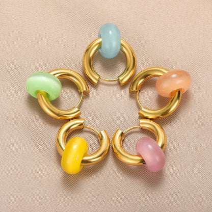 Leopard Bead Opal Stainless Steel Hoop Earrings — Gold Color, Anti-Fading Wedding & Prom Jewelry for Women, Gift Accessory