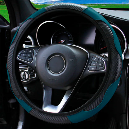 PU Carbon Fiber Leather Steering Wheel Cover — No Inner Ring, Fits 14.5-15 Inch Cars