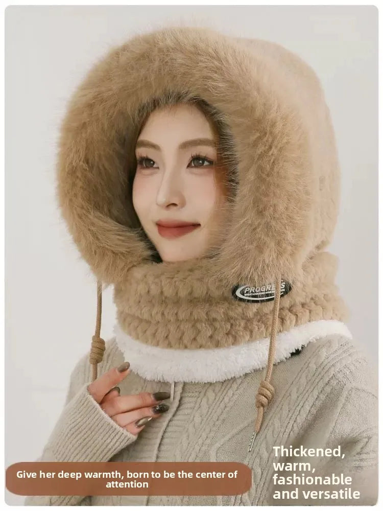 Women’s Winter Plush Hat with Hood & Scarf – Warm Thick Windproof Thermal Cap with Ear Protection for Outdoor Cycling & Riding