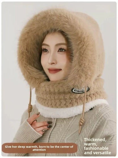 Women’s Winter Plush Hat with Hood & Scarf – Warm Thick Windproof Thermal Cap with Ear Protection for Outdoor Cycling & Riding