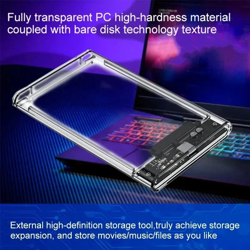 USB 3.0 2.5 Inch External Hard Drive Enclosure – Transparent SATA HDD/SSD Case, 5–6Gbps High-Speed Storage Case for Laptop & PC