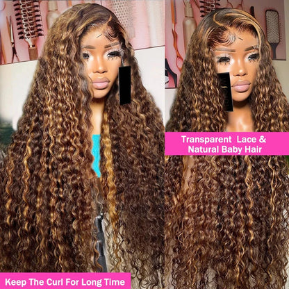 30-36 Inch Curly Highlight Wig – Honey Blonde 13x4 Lace Front Deep Wave Brazilian Human Hair HD Lace Frontal Wig for Women