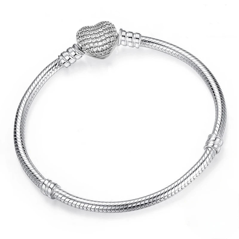 Silver Color Heart Bracelet - Shiny Zircon Love Bracelet for Women, Fits Original Charm Jewelry Gift
