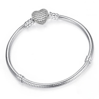 Silver Color Heart Bracelet - Shiny Zircon Love Bracelet for Women, Fits Original Charm Jewelry Gift
