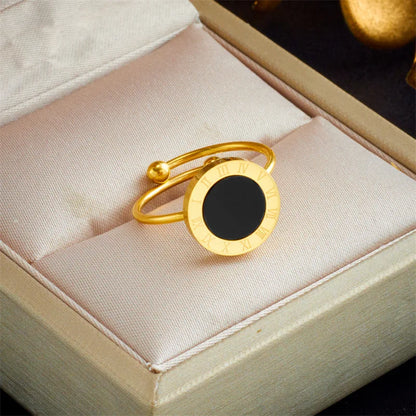 RAKOL 316L Stainless Steel Roman Numeral Ring – Black Shell Adjustable Zircon Tail Ring for Women, Fashion Jewelry