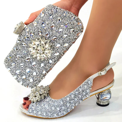 Silver Nigerian Women’s Shoe & Bag Set - African Fashion Party & Wedding Accessories