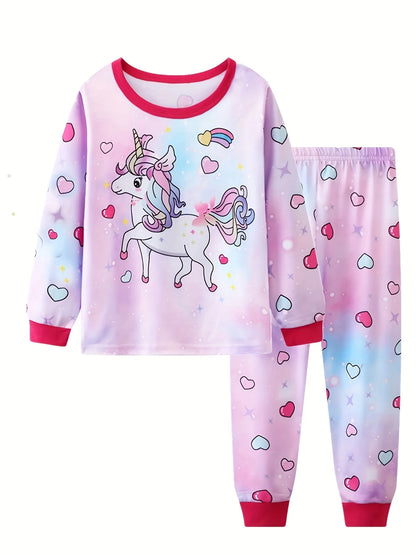 Girls Unicorn Cartoon Pajama Set – Long Sleeve Two-Piece Sleepwear for Kids