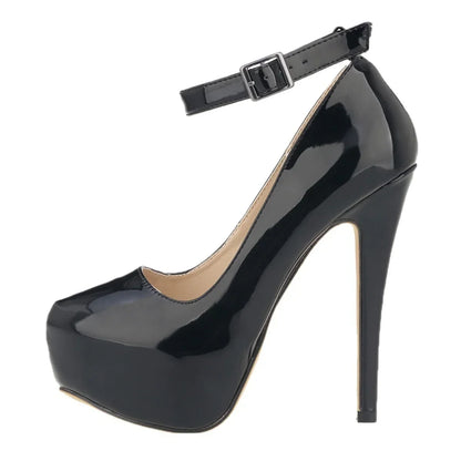 Women’s Patent Leather Stiletto Pumps – 14cm High Heels with Buckle Ankle Strap, Sexy Wedding & Fashion Shoes, Size 44