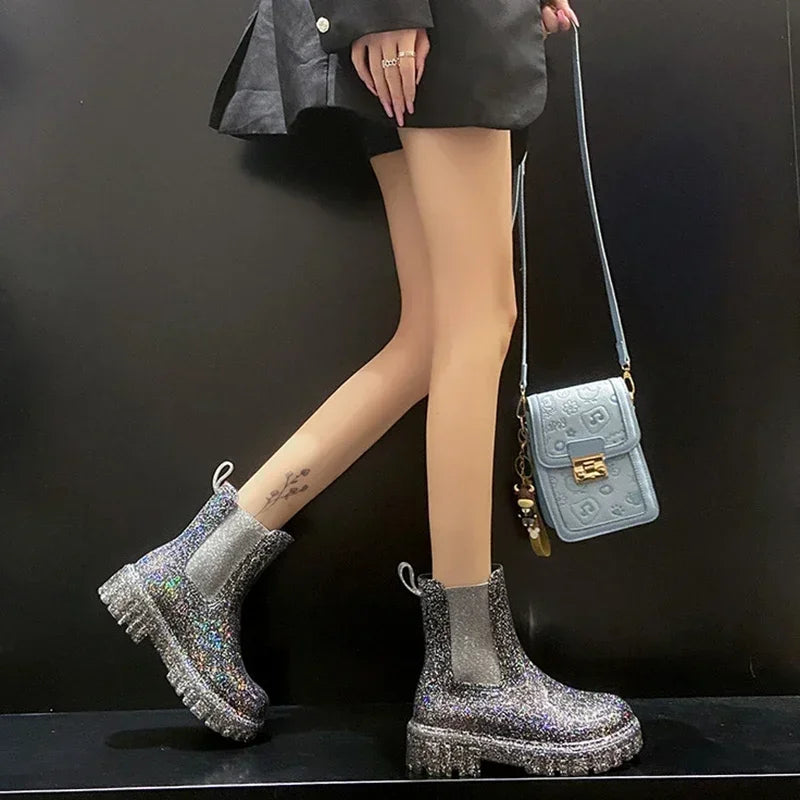 Women’s Shiny Color Fashion Rain Boots – Four-Season Waterproof Mid-Tube Ankle Outdoor Shoes