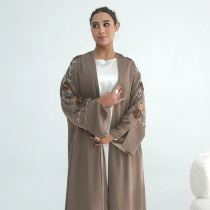 Women’s Eid 2026 Embroidered Beaded Abaya – Dubai Open Cardigan Jalabiya Long Muslim Kaftan Ramadan Party Robe
