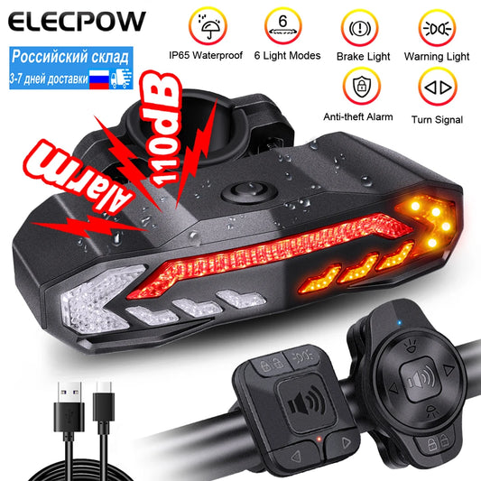 Elecpow Bicycle Taillight with Burglar Alarm - IP65 Waterproof, USB Charged, Turn Signal and Auto Brake Warning Light for Bikes and Scooters