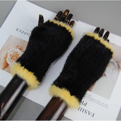 Women’s Winter Mink Fur Gloves – 100% Natural Fingerless Knitted Mittens for Warmth
