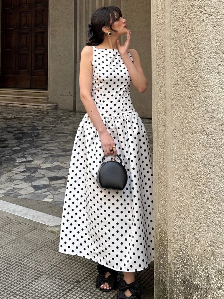 Elegant Women’s Polka Dot Maxi Dress – Chic Sleeveless Round Neck High Waist Slim Fit Vestido for Party & Street, 2025 New