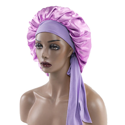 Satin Nightcap for Women - Wide Stretch, Extra-Large Long Tail, Shower Cap with Ribbon, Round Hat Hair Bonnet