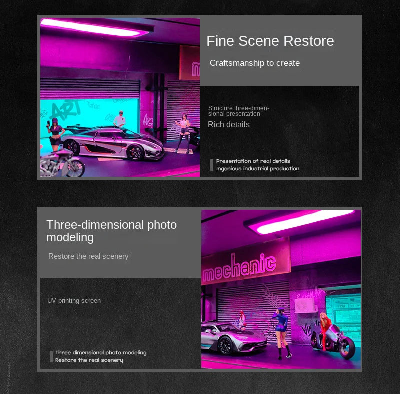 1:64 Scale Car Garage Diorama Model – LED Light Parking Lot DIY Set for Display & Gifts