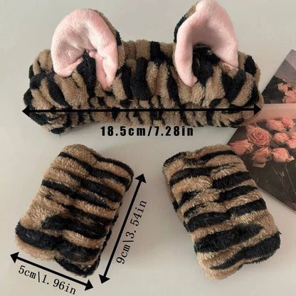 Cute Cat Ear Leopard Plush Headband Set - 3PCS Spa, Face Washing and Makeup Hair Accessories