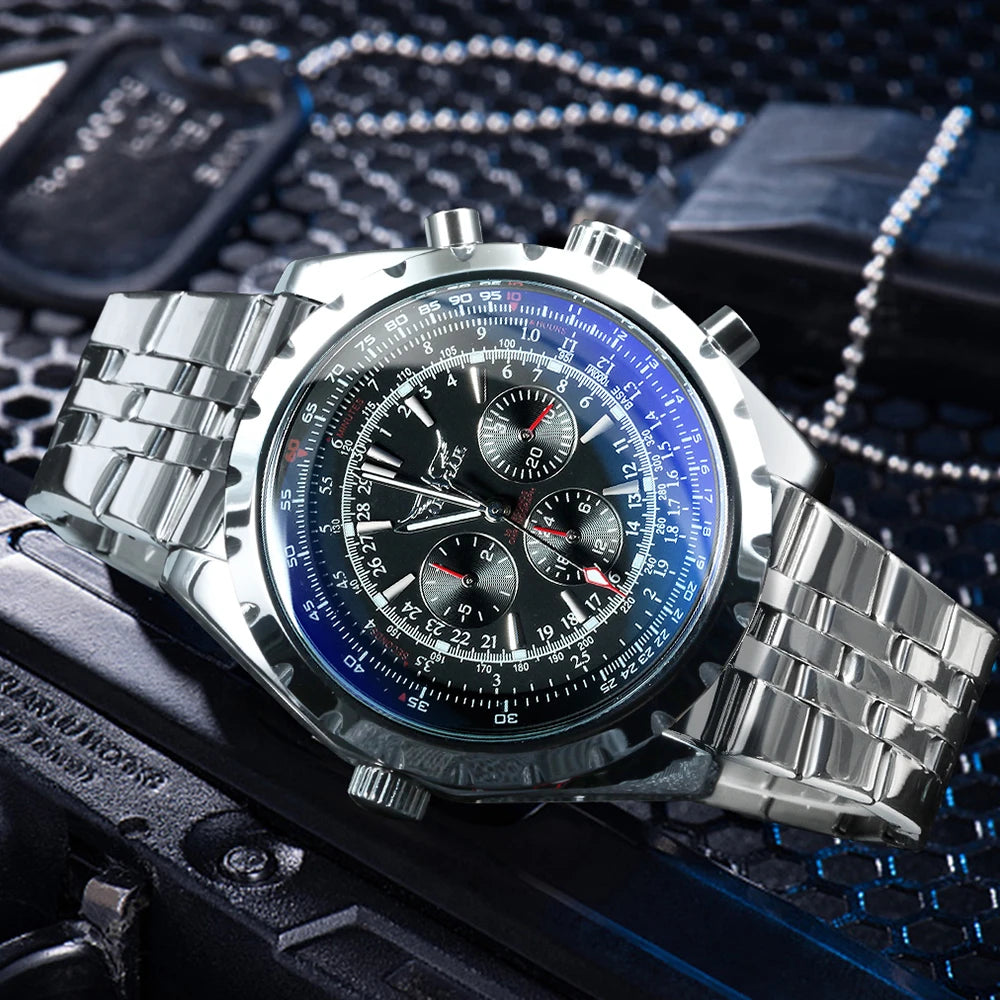 JARAGAR Pilot Mechanical Watch for Men – Multifunctional Small Dials, Leather & Steel Strap, Sports Military Automatic Watch