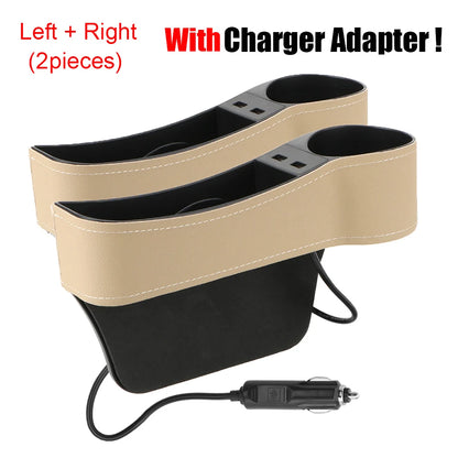 Car Seat Gap Organizer – Leather Auto Crevice Storage Box with Cup & Phone Holder, USB Option