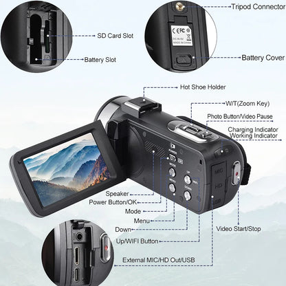 8K Digital Video Camera – 64MP Professional Recorder with 18X Digital Zoom, 3-Inch LCD Touch Screen Camcorder
