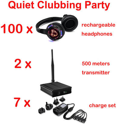 Silent Disco Complete System – Black LED Wireless Headphones Bundle with 5 Headsets & 1/2/3 Transmitters for Quiet Parties