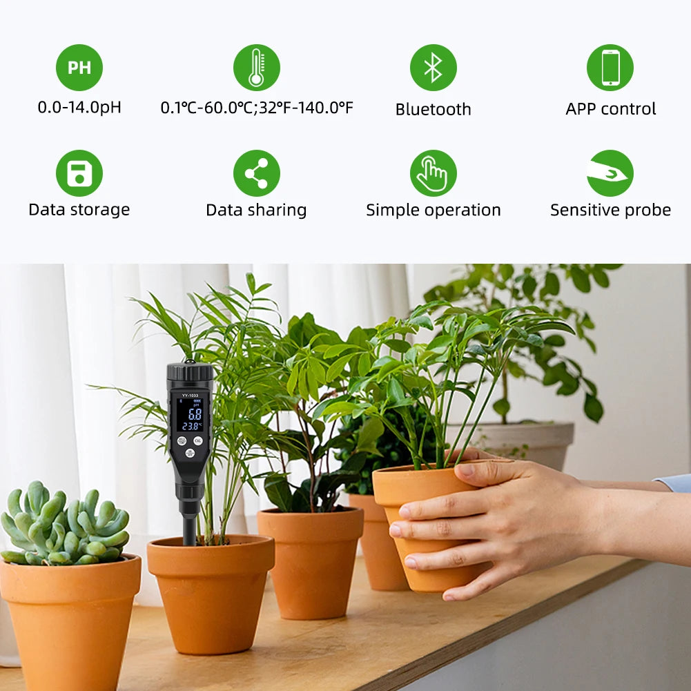 Smart Soil pH Meter 0.0-14.0pH - Bluetooth Soil Tester & Data Logger for Hydroponics, Garden & Farmland