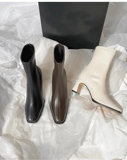 2024 New Vintage Brown Women's Ankle Boots – Fashionable Square Toe, Thick Heel Short Booties for Autumn & Winter