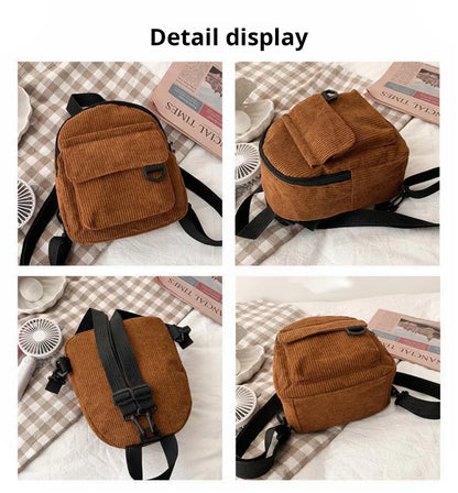 Women's Mini Backpack - Fashionable Solid Color Corduroy Casual Schoolbag with Large Capacity