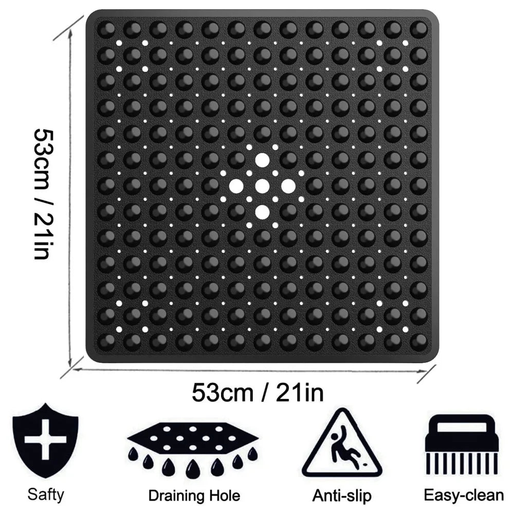 53×53cm Square PVC Shower Mat – Anti-Slip Bath Floor Pad with Suction Cups for Safety in Bathtub & Bathroom