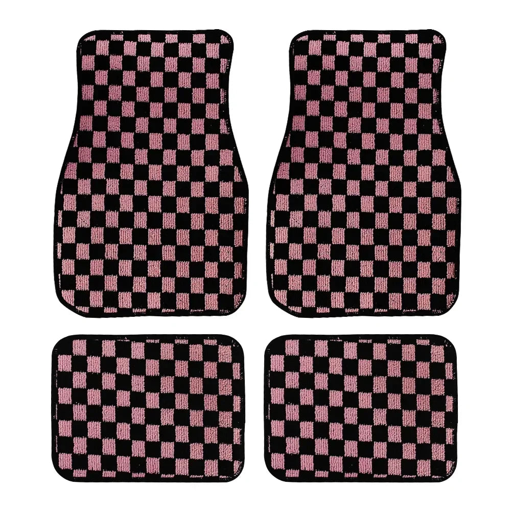 4PCS Universal Checkered Car Floor Mats - Anti-Slip Front & Rear Checkerboard Auto Carpet Foot Mats