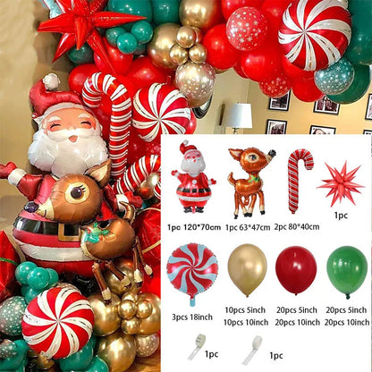 Christmas Balloon Garland Arch – Red & Green Balloons, Star, Santa, and Gift Box Foil Balloons for Xmas and New Year Decoration