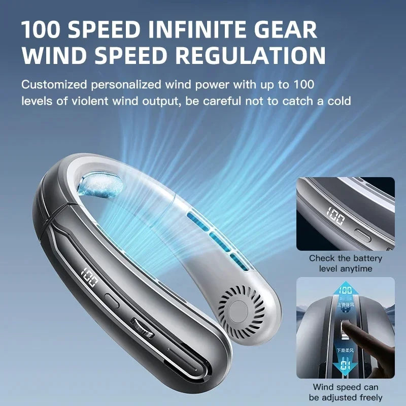8000mAh Bladeless Neck Fan – Portable USB Rechargeable Hanging Fan with LED Digital Display, Silent Mini Personal Air Cooler for Travel & Outdoor Use
