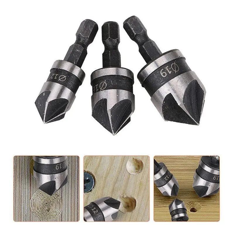 3PCS Hex Shank 90° Chamfer Drill Bit Set – 5-Blade Countersink Tool Kit 12/16/19mm for Woodworking Hole Opening