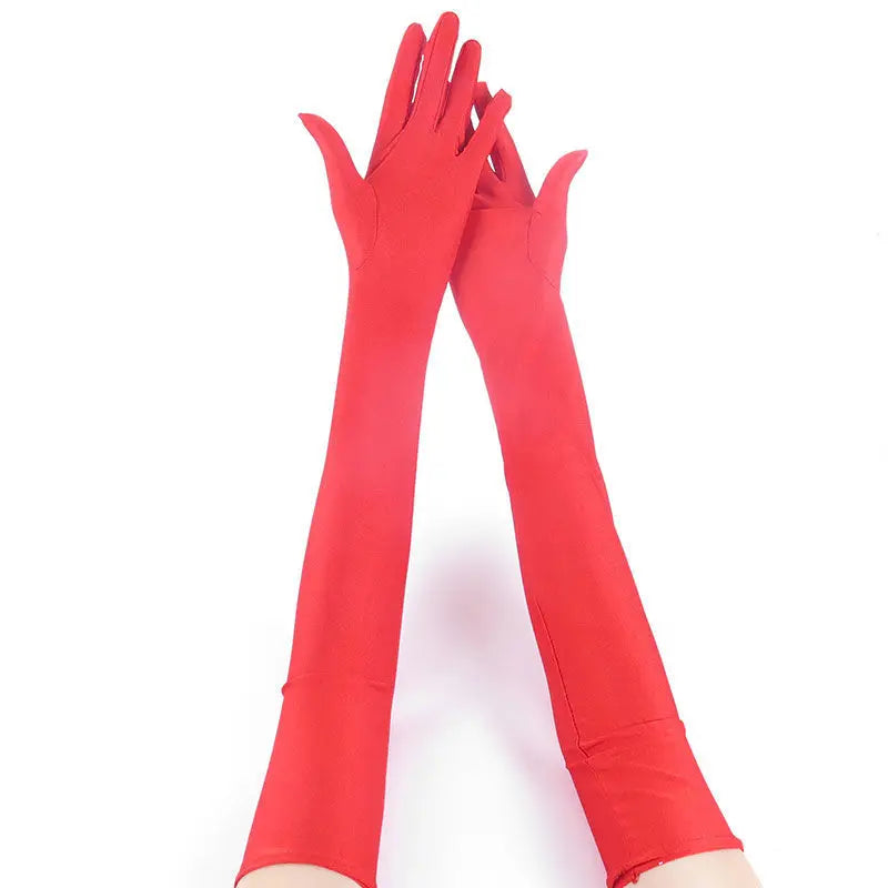 52CM Women’s Elegant Spandex Long Gloves – Thin Soft Stretch Sun Protection Gloves for Stage Performance, Driving, Riding & Cosplay Party Wear