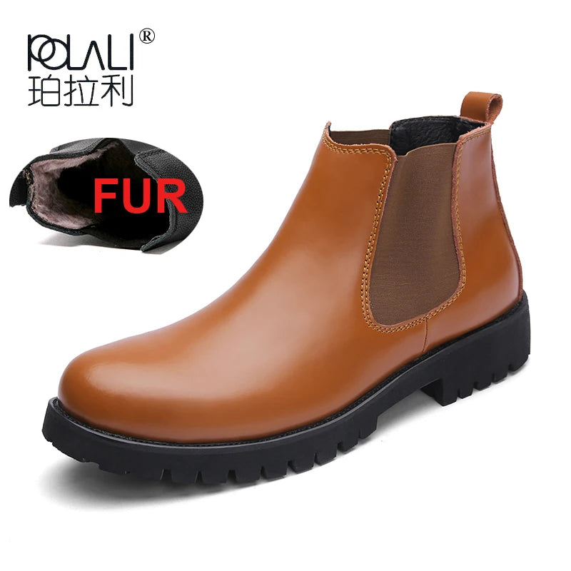 Men’s Winter Chelsea Boots – Black Split Leather Warm Plush Fur Lined Boots