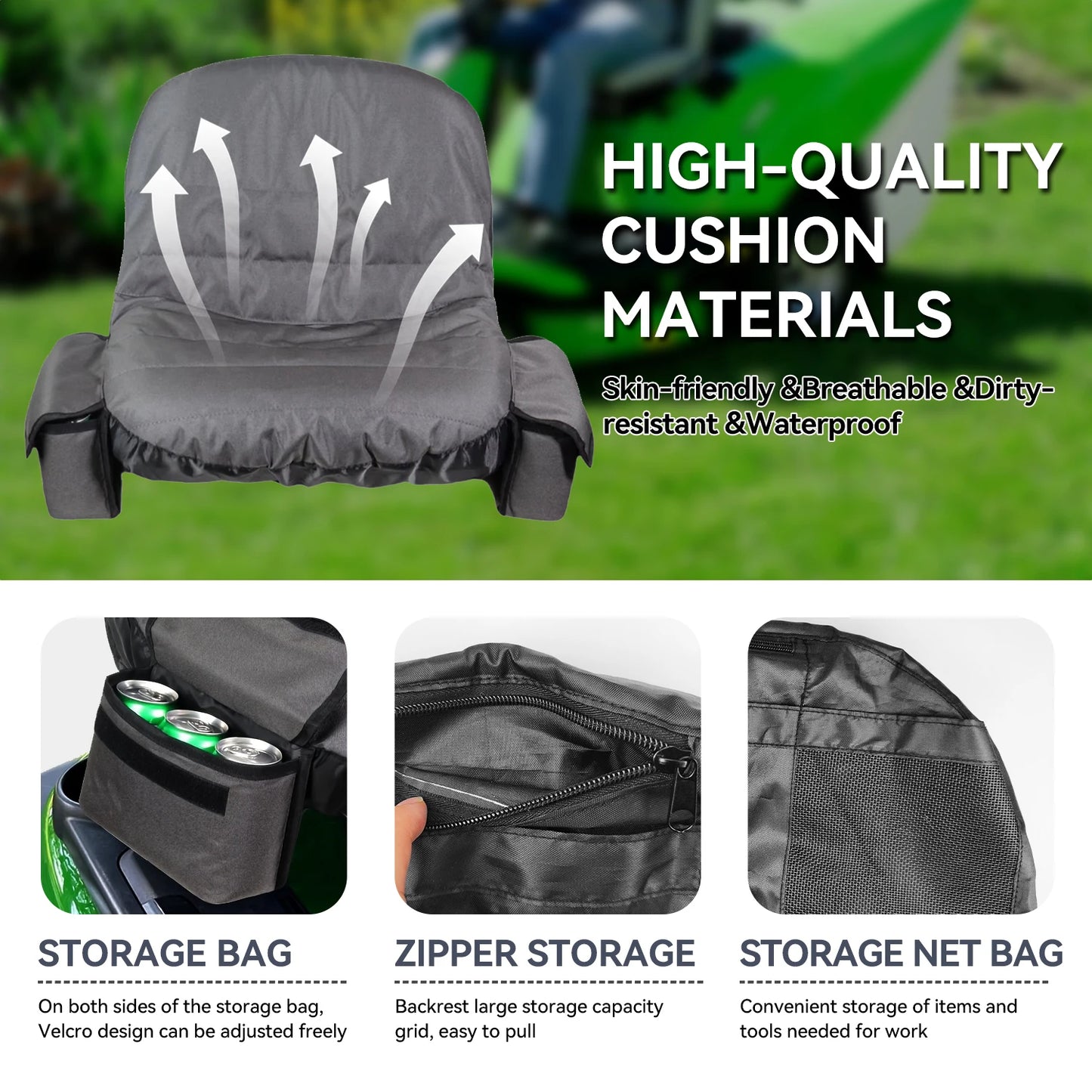 Riding Mower Seat Cover with Storage Pockets, 600D Oxford Tractor Seat Protector Universal Fit for Most Lawn Mowers