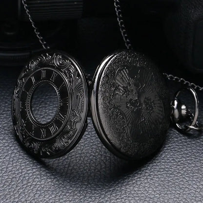 Vintage Black Roman Numeral Pocket Watch - Unisex Steampunk Quartz Necklace Pendant with Chain, Gift Style P427