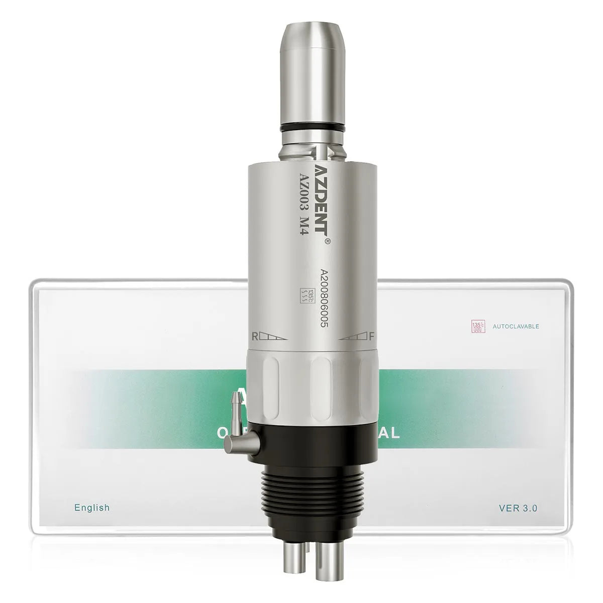 AZDENT Dental Low Speed Handpiece 1:1 Contra Angle – Push Button for ø2.35mm CA Burs, 2/4 Holes, Air Motor