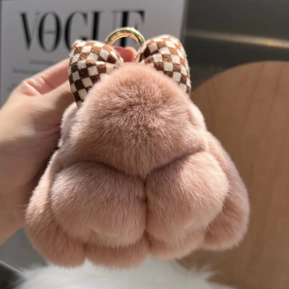 Cute Fluffy Bunny Fur Keychain – Plush Pom Pom Bag Charm and Car Key Ring with Hair Bow