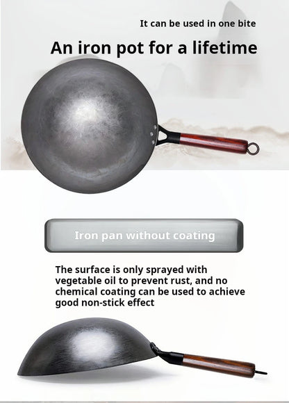 30cm Traditional Hand-Forged Iron Frying Pan, Non-Coated with Wooden Handle, Old-Style Household Cookware