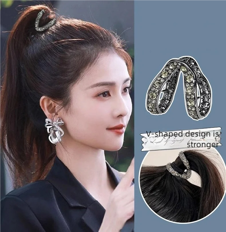 Rhinestone V-Shaped Hair Claw Clip - High Ponytail & Bun Styling Accessory