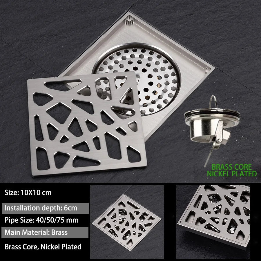 Luxury Brass Floor Drain — 10x10CM Carved Anti-Odor & Insect-Proof Drain for Shower, Bathroom & Balcony