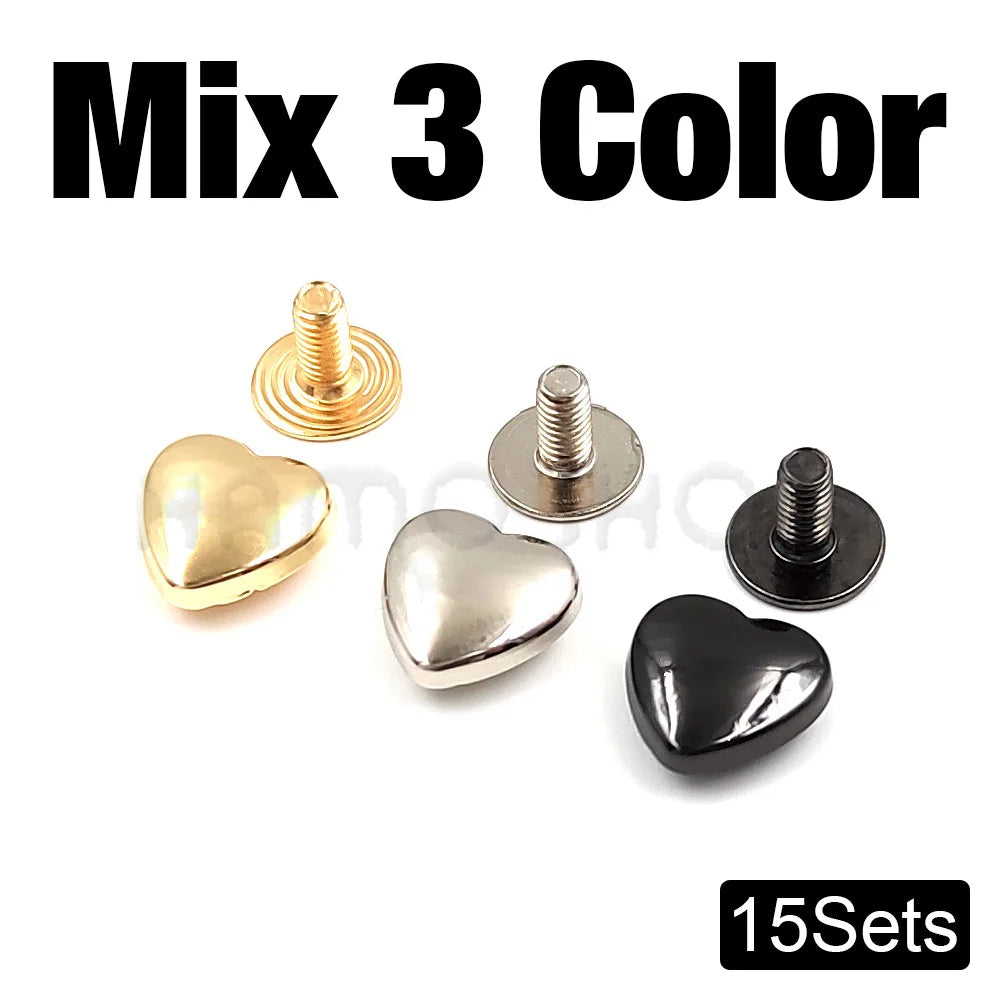 10 Set Heart-Shaped Metal Screwback Rivets 10/14mm – Screw Studs for Leathercraft, Garments, Belts & Bags